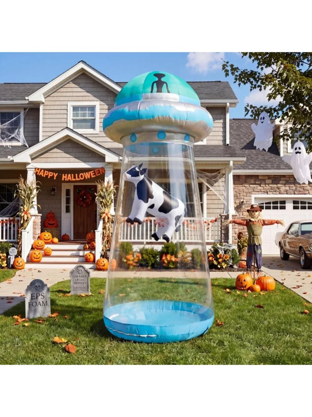 9FT Halloween Inflatable UFO Decor - LED Alien Yard Decoration for Outdoor Party
